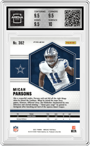 Micah Parsons from the 2021 Panini Mosaic set featuring a Reactive Yellow parallel graded by Arena Club and given an overall grade of 10.