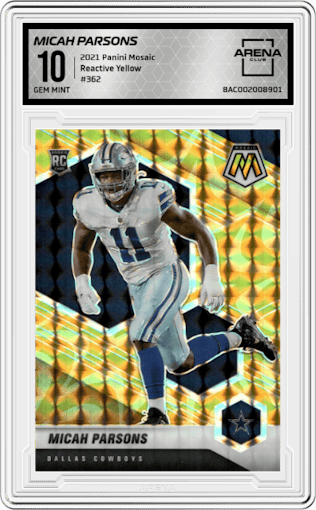 Micah Parsons from the 2021 Panini Mosaic set featuring a Reactive Yellow parallel graded by Arena Club and given an overall grade of 10.