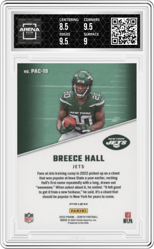 Breece Hall from the 2022 Panini Zenith set graded by Arena Club and given an overall grade of 9.