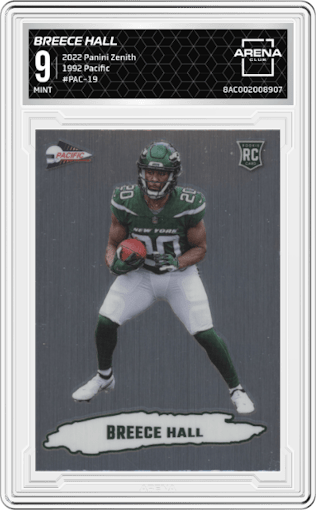 Breece Hall from the 2022 Panini Zenith set graded by Arena Club and given an overall grade of 9.