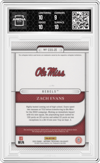 Zach Evans from the 2023 Panini National Treasures Collegiate set graded by Arena Club and given an overall grade of 9.5.