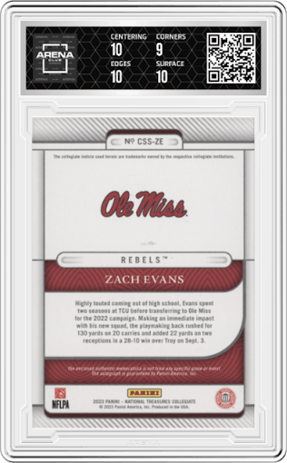 Zach Evans from the 2023 Panini National Treasures Collegiate set graded by Arena Club and given an overall grade of 9.5.
