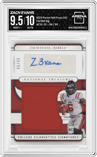 Zach Evans from the 2023 Panini National Treasures Collegiate set graded by Arena Club and given an overall grade of 9.5.