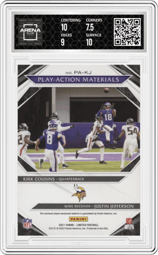 Justin Jefferson/Kirk Cousins from the 2021 Panini Limited set featuring a Spotlight Ruby parallel graded by Arena Club and given an overall grade of 8.