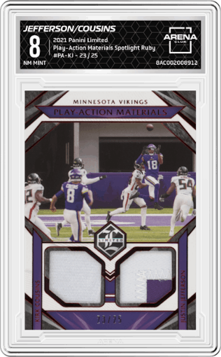 Justin Jefferson/Kirk Cousins from the 2021 Panini Limited set featuring a Spotlight Ruby parallel graded by Arena Club and given an overall grade of 8.