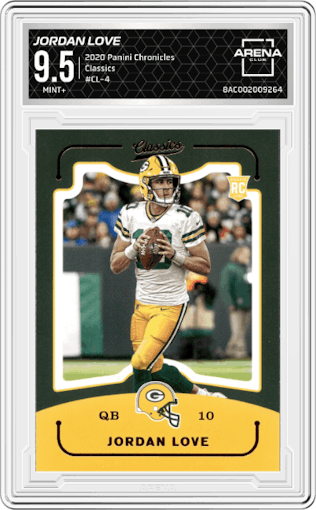 Jordan Love from the 2020 Panini Chronicles set graded by Arena Club and given an overall grade of 9.5.