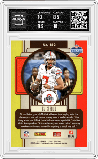  C.J. Stroud from the 2023 Panini Legacy set graded by Arena Club and given an overall grade of 9.