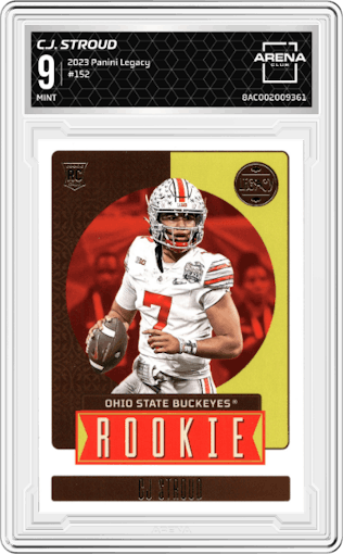  C.J. Stroud from the 2023 Panini Legacy set graded by Arena Club and given an overall grade of 9.