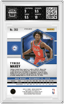 Tyrese Maxey from the 2020-21 Panini Mosaic set featuring a Pink Camo parallel graded by Arena Club and given an overall grade of 9.5.