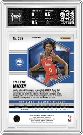 Tyrese Maxey from the 2020-21 Panini Mosaic set featuring a Pink Camo parallel graded by Arena Club and given an overall grade of 9.5.