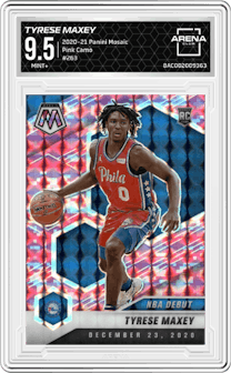 Tyrese Maxey from the 2020-21 Panini Mosaic set featuring a Pink Camo parallel graded by Arena Club and given an overall grade of 9.5.