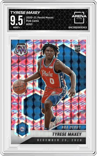 Tyrese Maxey from the 2020-21 Panini Mosaic set featuring a Pink Camo parallel graded by Arena Club and given an overall grade of 9.5.