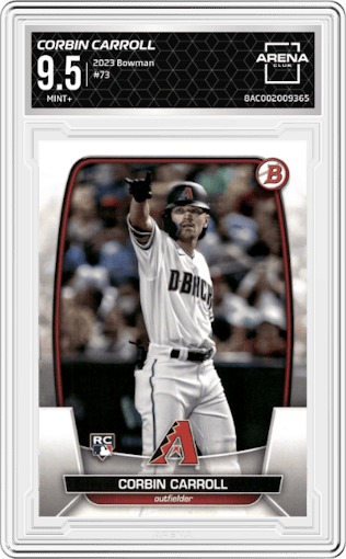 Corbin Carroll from the 2023 Bowman  set graded by Arena Club and given an overall grade of 9.5.