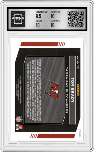Tom Brady from the 2021 Panini Donruss Optic set graded by Arena Club and given an overall grade of 10.