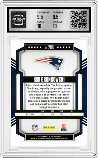 Rob Gronkowski from the 2023 Panini Score set featuring a Gold Zone parallel graded by Arena Club and given an overall grade of 10.