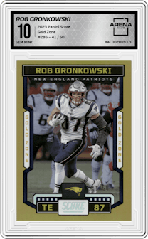 Rob Gronkowski from the 2023 Panini Score set featuring a Gold Zone parallel graded by Arena Club and given an overall grade of 10.