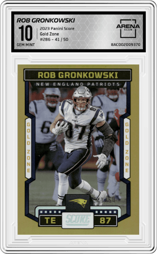 Rob Gronkowski from the 2023 Panini Score set featuring a Gold Zone parallel graded by Arena Club and given an overall grade of 10.