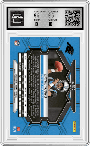 Bryce Young from the 2023 Panini Mosaic set featuring a No Huddle Silver parallel graded by Arena Club and given an overall grade of 10.