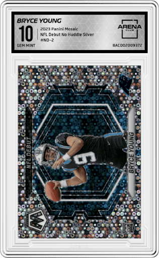 Bryce Young from the 2023 Panini Mosaic set featuring a No Huddle Silver parallel graded by Arena Club and given an overall grade of 10.