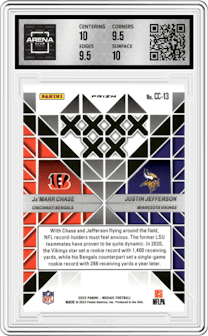 Ja'Marr Chase/Justin Jefferson from the 2023 Panini Mosaic set featuring a No Huddle Silver parallel graded by Arena Club and given an overall grade of 10.