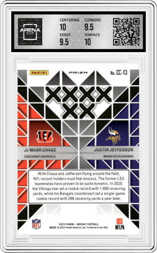 Ja'Marr Chase/Justin Jefferson from the 2023 Panini Mosaic set featuring a No Huddle Silver parallel graded by Arena Club and given an overall grade of 10.