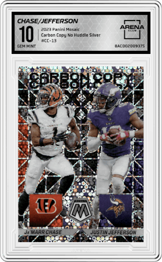 Ja'Marr Chase/Justin Jefferson from the 2023 Panini Mosaic set featuring a No Huddle Silver parallel graded by Arena Club and given an overall grade of 10.