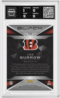 Joe Burrow from the 2023 Panini Black set featuring a Citrine parallel graded by Arena Club and given an overall grade of 9.5.