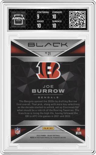 Joe Burrow from the 2023 Panini Black set featuring a Citrine parallel graded by Arena Club and given an overall grade of 9.5.