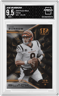 Joe Burrow from the 2023 Panini Black set featuring a Citrine parallel graded by Arena Club and given an overall grade of 9.5.