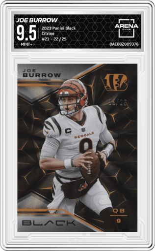 Joe Burrow from the 2023 Panini Black set featuring a Citrine parallel graded by Arena Club and given an overall grade of 9.5.