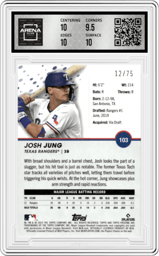 Josh Jung from the 2023 Topps Pristine set featuring a Blue Refractor parallel graded by Arena Club and given an overall grade of 10.