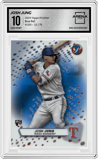 Josh Jung from the 2023 Topps Pristine set featuring a Blue Refractor parallel graded by Arena Club and given an overall grade of 10.