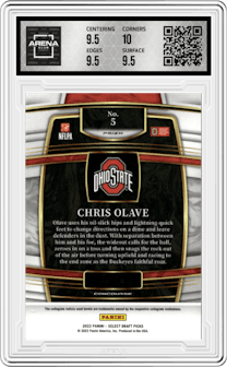 Chris Olave from the 2022 Panini Select Draft Picks set featuring a Silver Prizm parallel graded by Arena Club and given an overall grade of 10.