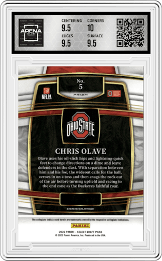 Chris Olave from the 2022 Panini Select Draft Picks set featuring a Silver Prizm parallel graded by Arena Club and given an overall grade of 10.