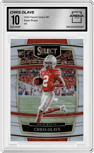 Chris Olave from the 2022 Panini Select Draft Picks set featuring a Silver Prizm parallel graded by Arena Club and given an overall grade of 10.