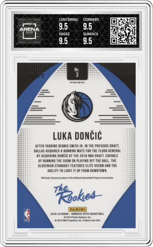 Luka Doncic from the 2018-19 Panini Donruss Optic set featuring a Gold parallel graded by Arena Club and given an overall grade of 9.5.
