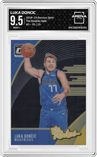 Luka Doncic from the 2018-19 Panini Donruss Optic set featuring a Gold parallel graded by Arena Club and given an overall grade of 9.5.