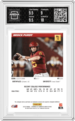 Brock Purdy from the 2023 Panini Chronicles Draft Picks set graded by Arena Club and given an overall grade of 9.5.
