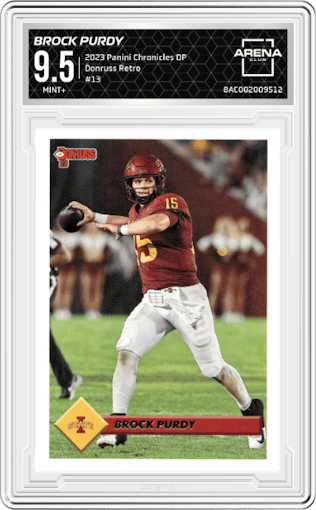 Brock Purdy from the 2023 Panini Chronicles Draft Picks set graded by Arena Club and given an overall grade of 9.5.