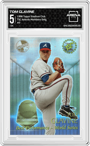 Tom Glavine from the 1996 Topps Stadium Club set featuring a Members Only parallel graded by Arena Club and given an overall grade of 5.