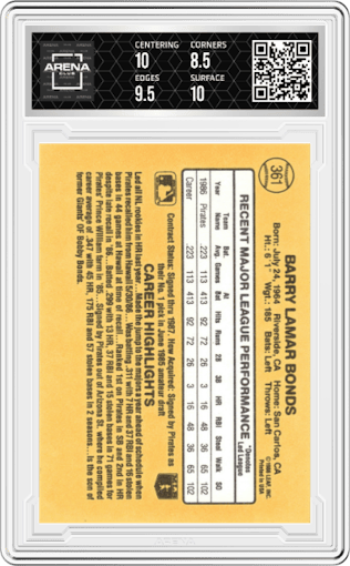 Barry Bonds from the 1987 Donruss set graded by Arena Club and given an overall grade of 9.