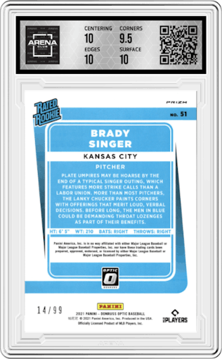 Brady Singer from the 2021 Panini Donruss Optic set featuring a Pandora Red parallel graded by Arena Club and given an overall grade of 10.