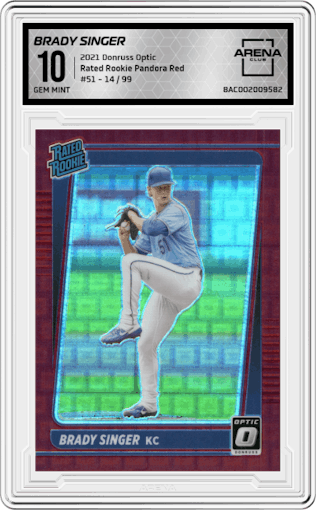 Brady Singer from the 2021 Panini Donruss Optic set featuring a Pandora Red parallel graded by Arena Club and given an overall grade of 10.