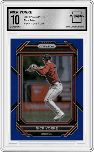 Nick Yorke from the 2023 Panini Prizm set featuring a Blue Prizm parallel graded by Arena Club and given an overall grade of 10.