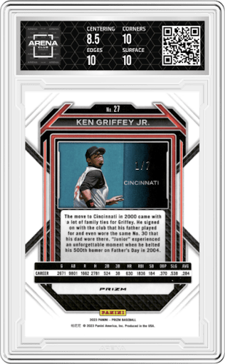 Ken Griffey Jr. from the 2023 Panini Prizm set featuring a Blue Shimmer parallel graded by Arena Club and given an overall grade of 9.