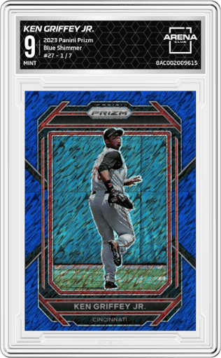 Ken Griffey Jr. from the 2023 Panini Prizm set featuring a Blue Shimmer parallel graded by Arena Club and given an overall grade of 9.