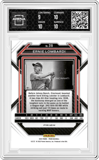 Ernie Lombardi from the 2023 Panini Prizm set featuring a Black/Gold Shimmer parallel graded by Arena Club and given an overall grade of 9.5.