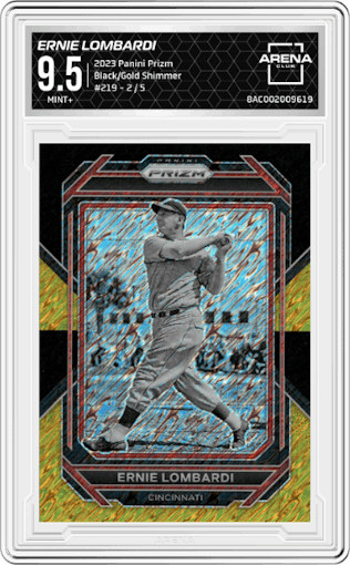 Ernie Lombardi from the 2023 Panini Prizm set featuring a Black/Gold Shimmer parallel graded by Arena Club and given an overall grade of 9.5.