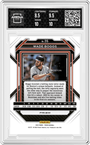 Wade Boggs from the 2023 Panini Prizm set featuring a Blue Shimmer parallel graded by Arena Club and given an overall grade of 9.