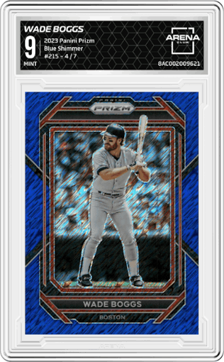 Wade Boggs from the 2023 Panini Prizm set featuring a Blue Shimmer parallel graded by Arena Club and given an overall grade of 9.